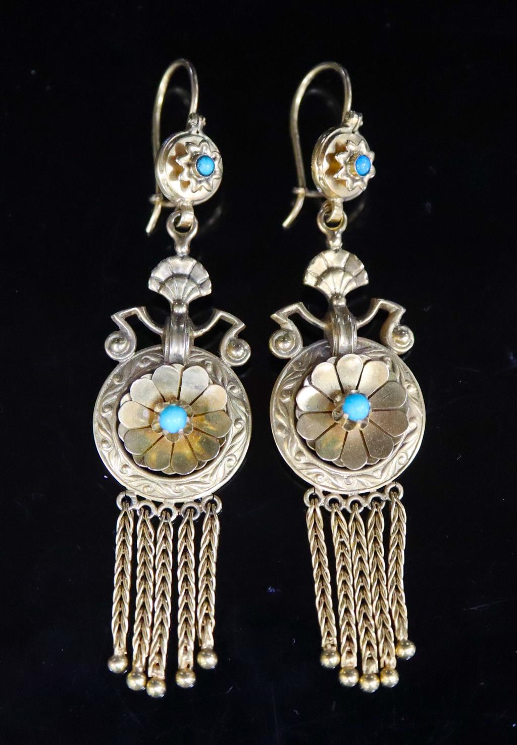 A pair of Victorian Etruscan style 15ct gold and turquoise set disc and tassel drop earrings,